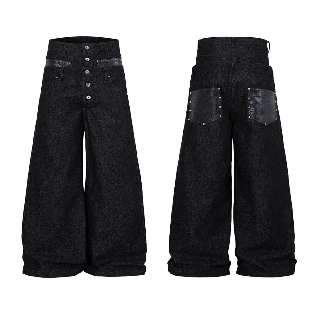Raw denim double-waisted jeans