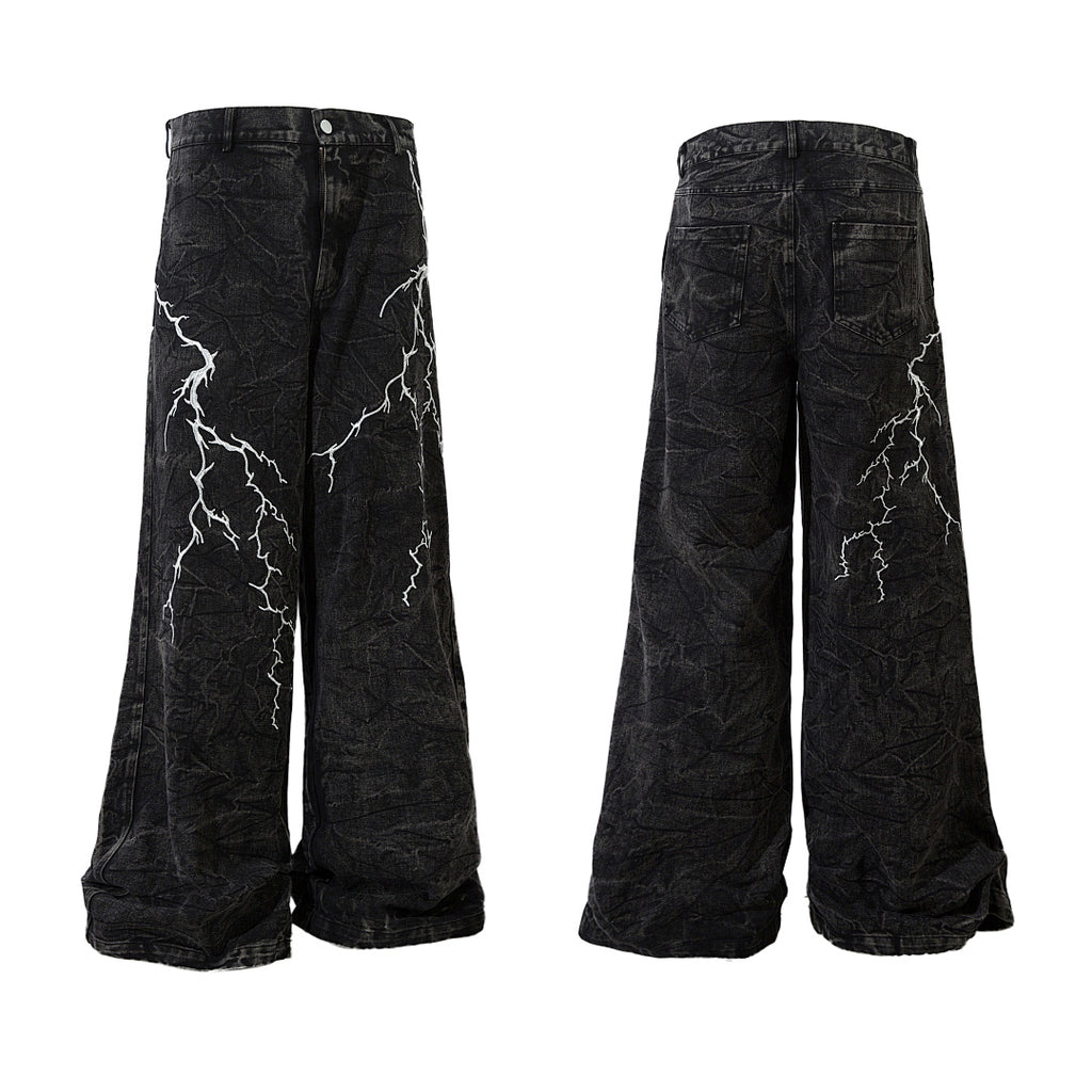 Heavy-embroidery denim trousers