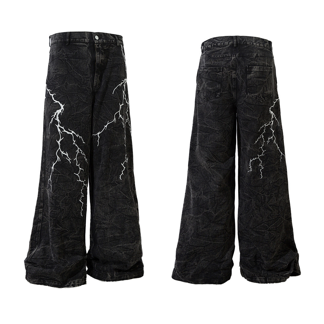 Heavy-embroidery denim trousers