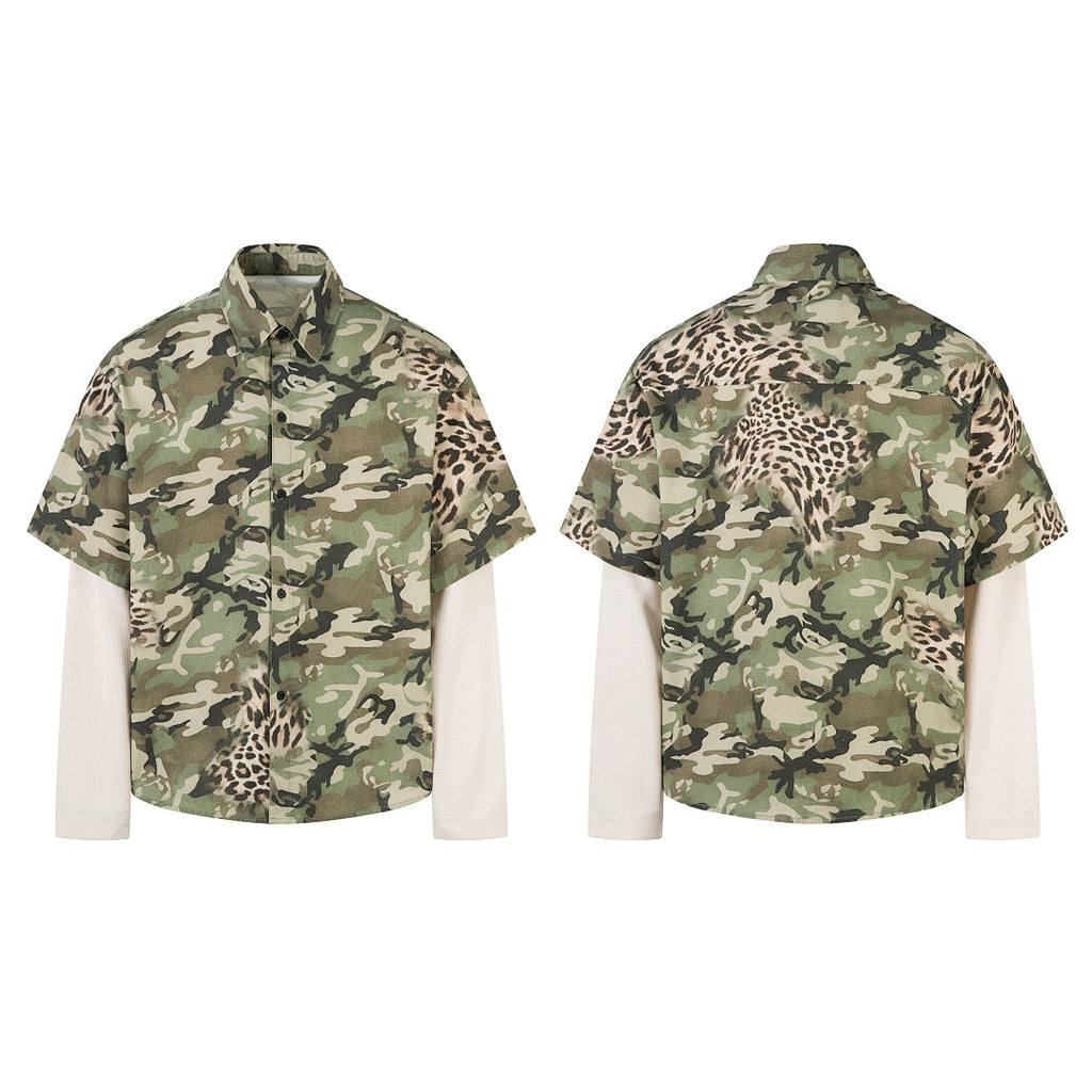 Green Camouflage Faux-Layered Shirt