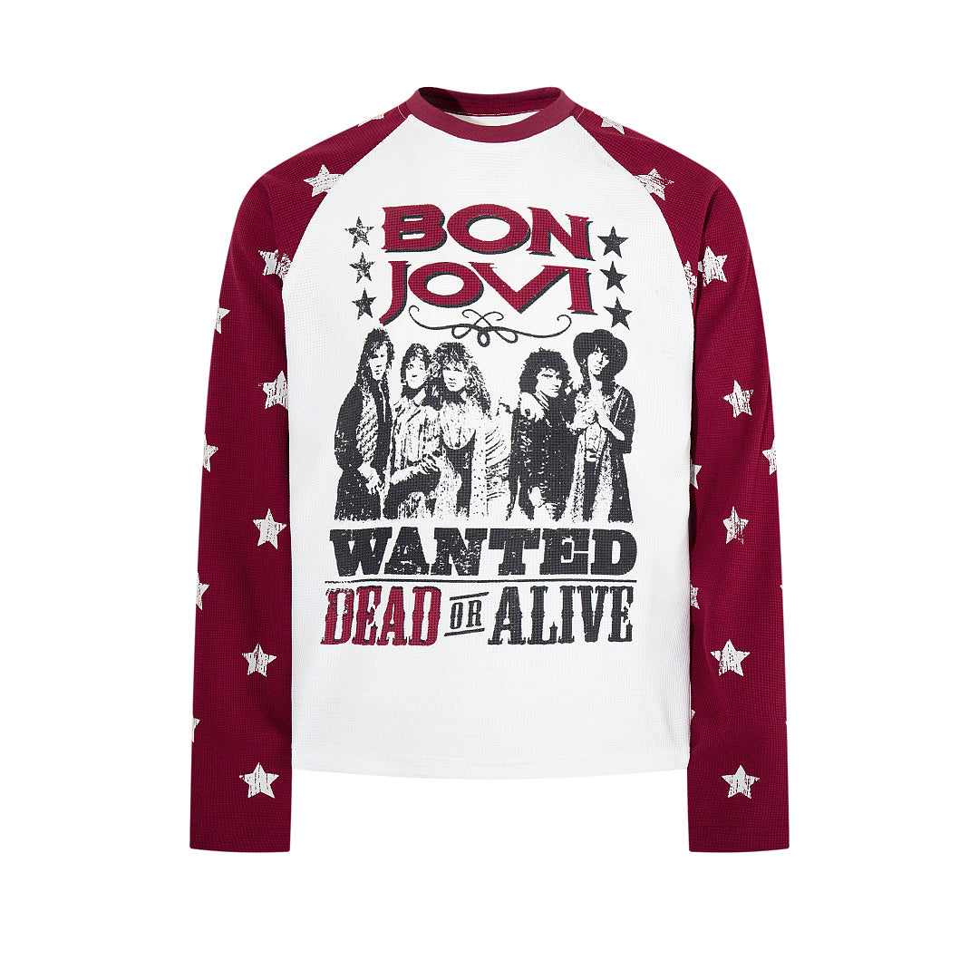 Waffle-knit raglan long-sleeve T-shirt, blue, red