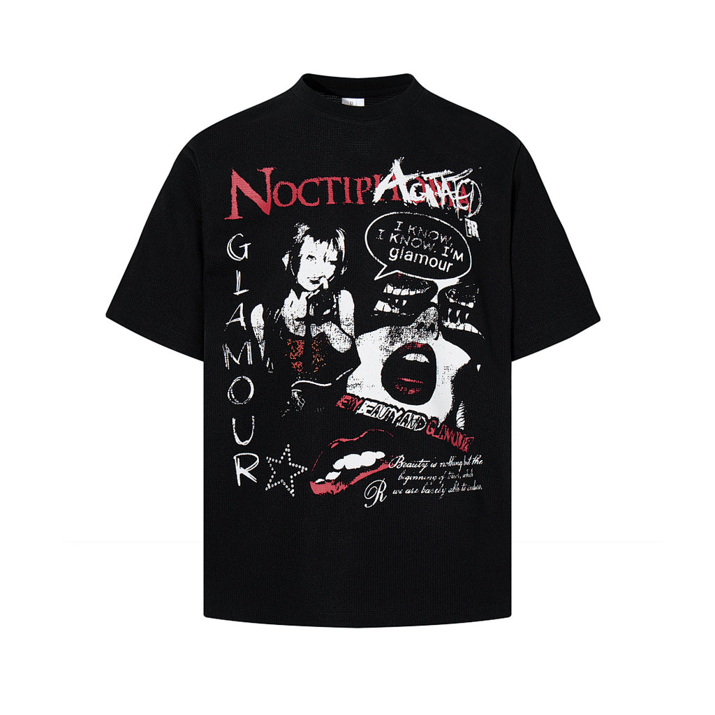 Waffle-knit short-sleeve T-shirt, black