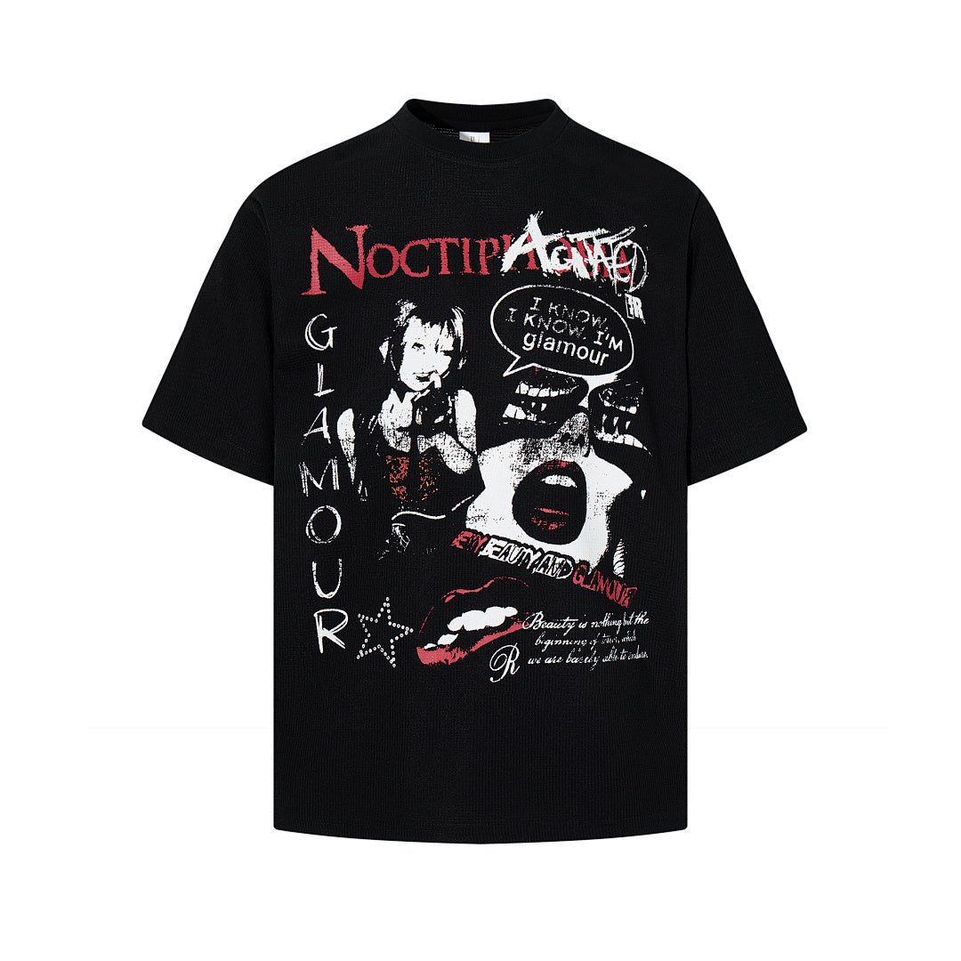 Waffle-knit short-sleeve T-shirt, black