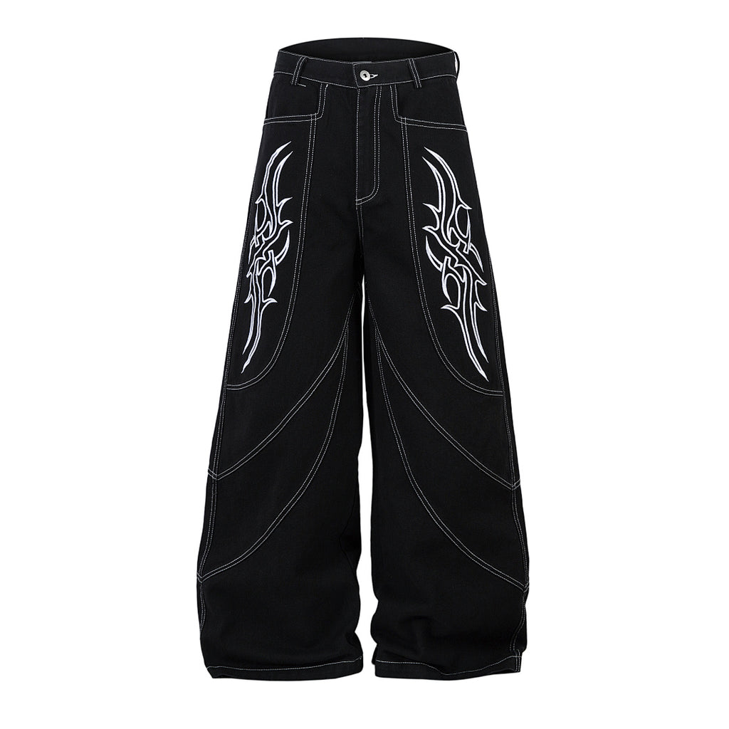Heavy-embroidery denim trousers