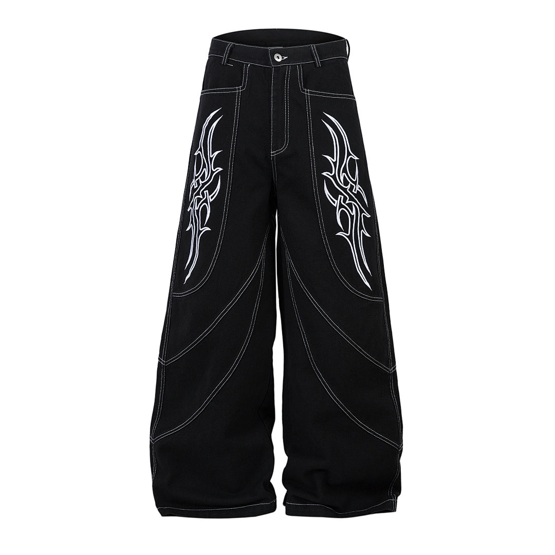 Heavy-embroidery denim trousers
