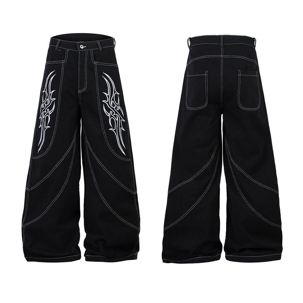 Heavy-embroidery denim trousers