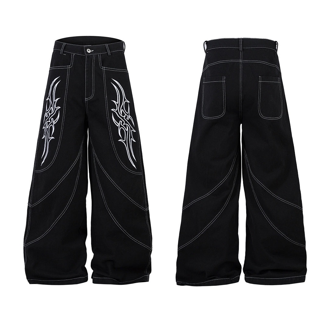 Heavy-embroidery denim trousers