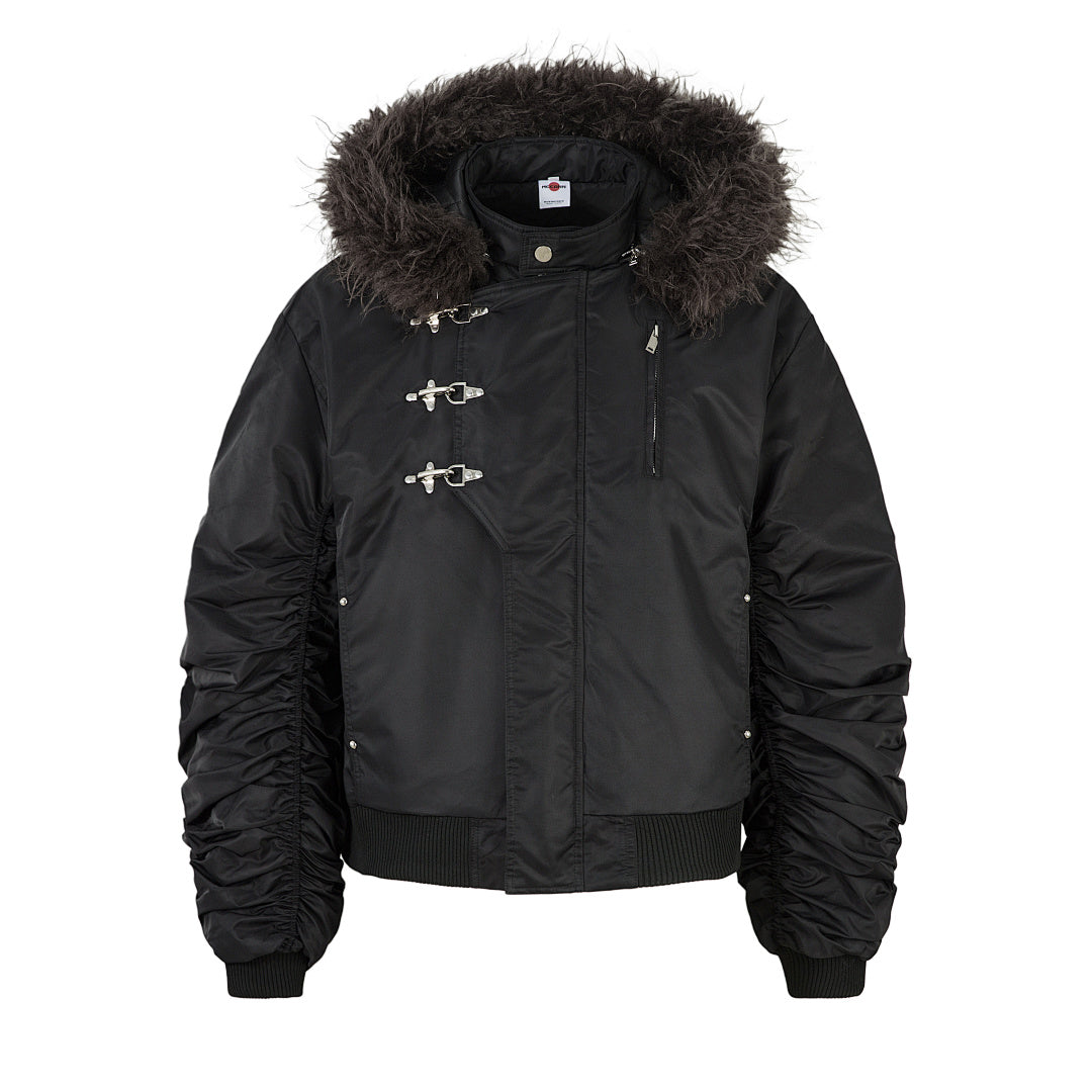 Padded jacket, detachable hood, black.