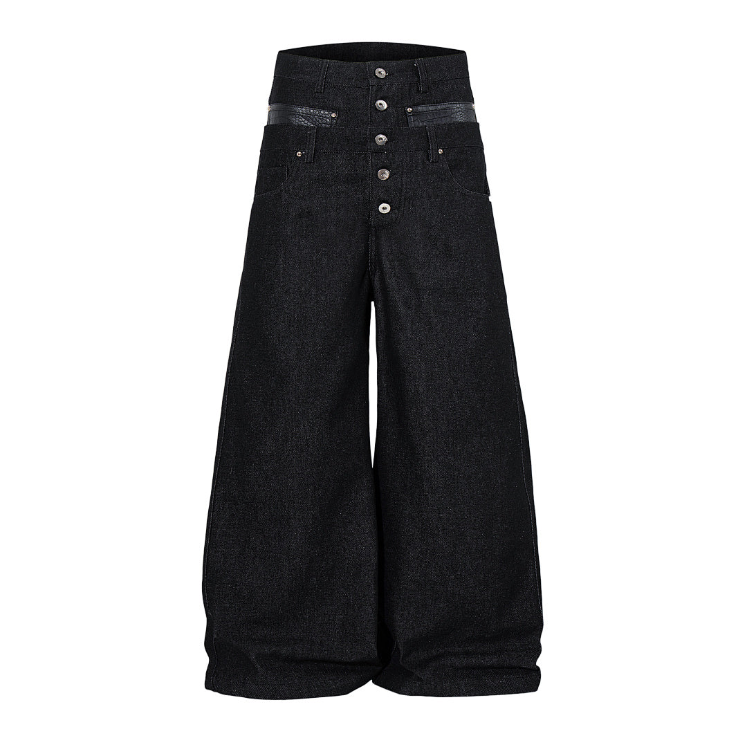 Raw denim double-waisted jeans