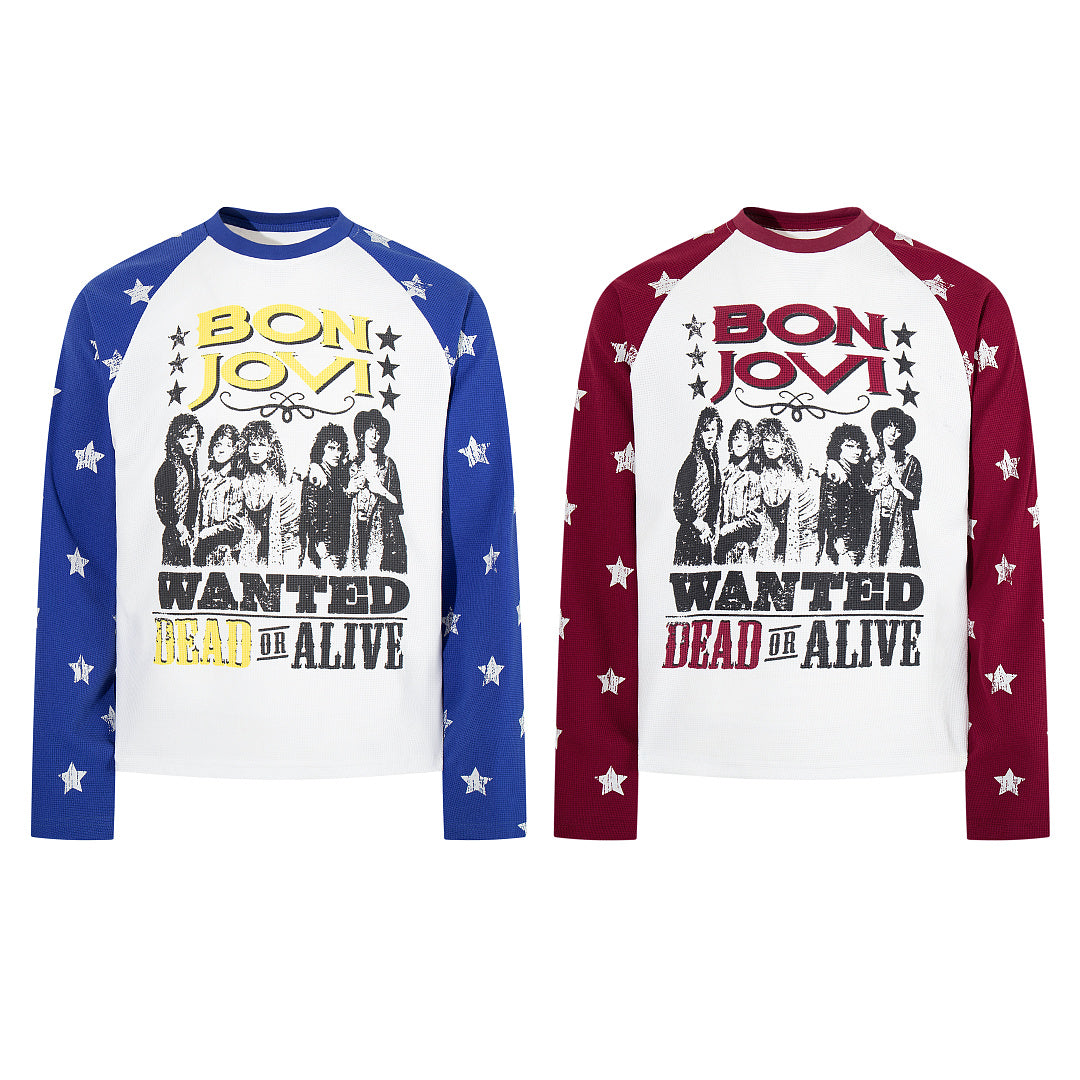 Waffle-knit raglan long-sleeve T-shirt, blue, red