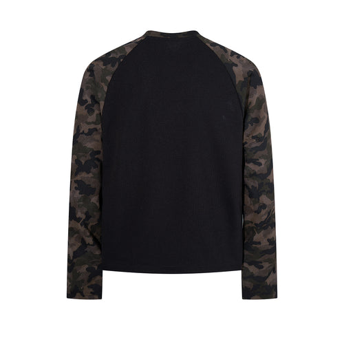 Black long-sleeve raglan T-shirt with camouflage pattern