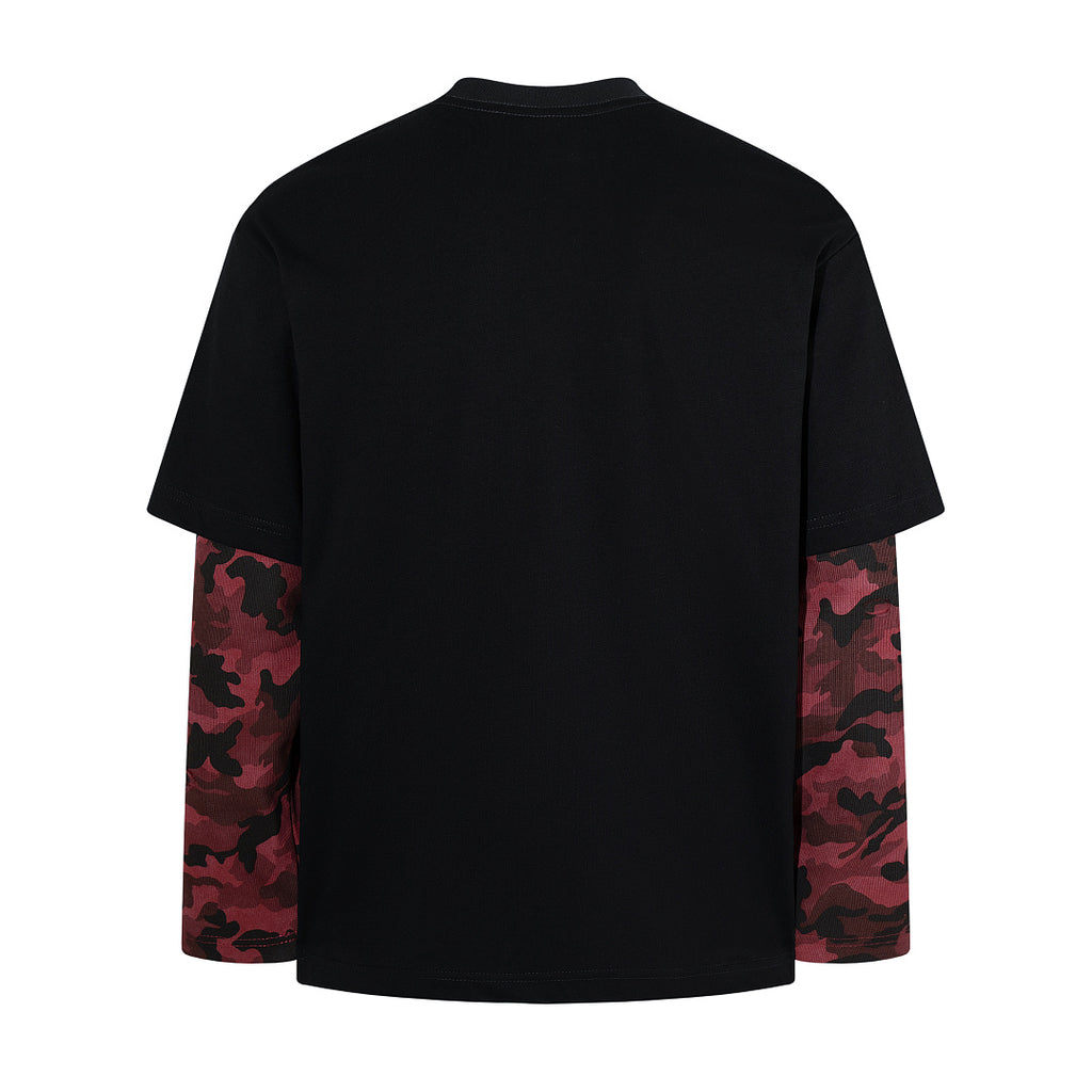 Double-layer-look long-sleeve T-shirt (dual-fabric style) – Black