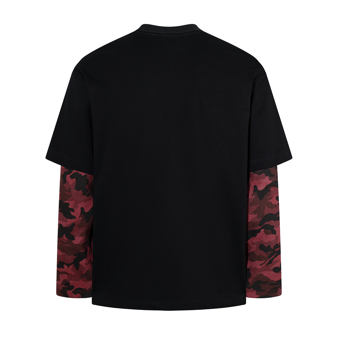 Double-layer-look long-sleeve T-shirt (dual-fabric style) – Black