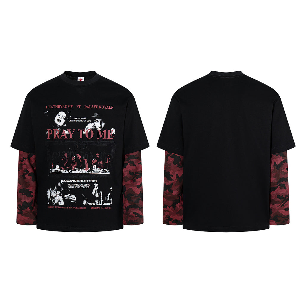 Double-layer-look long-sleeve T-shirt (dual-fabric style) – Black