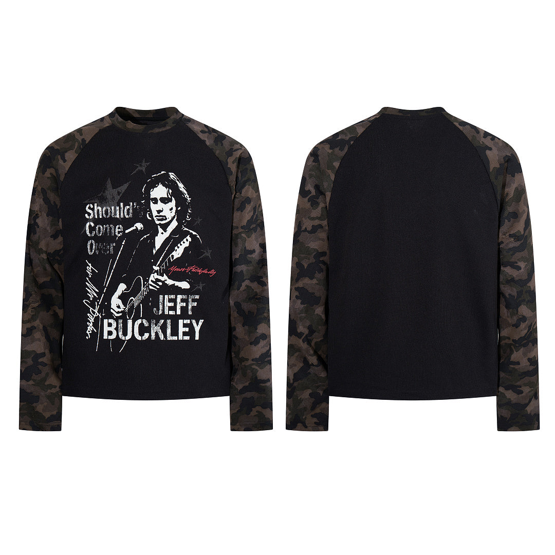 Black long-sleeve raglan T-shirt with camouflage pattern