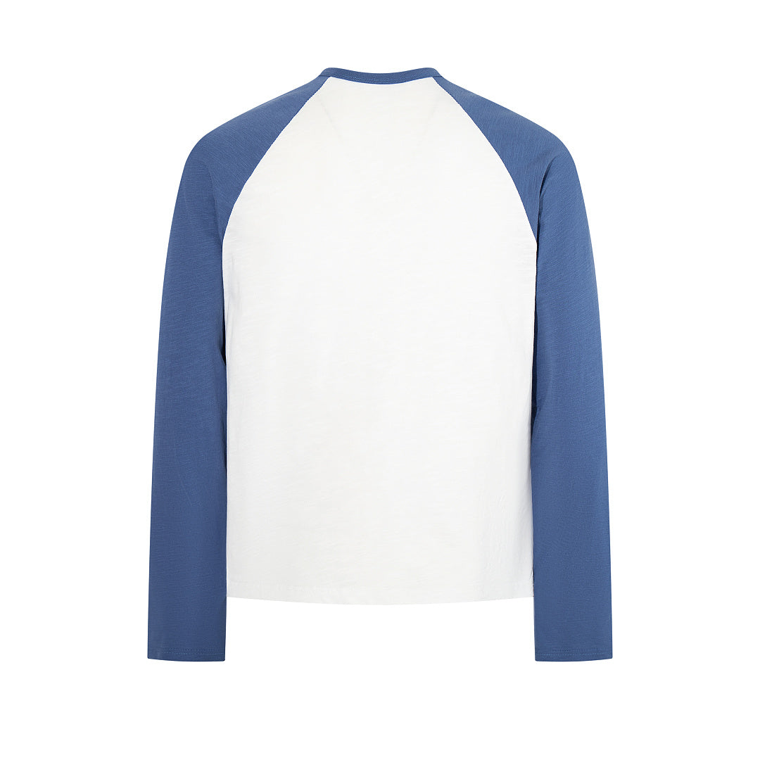 Slub Cotton Long-Sleeve Henley T-Shirt with Side Slits – Blue