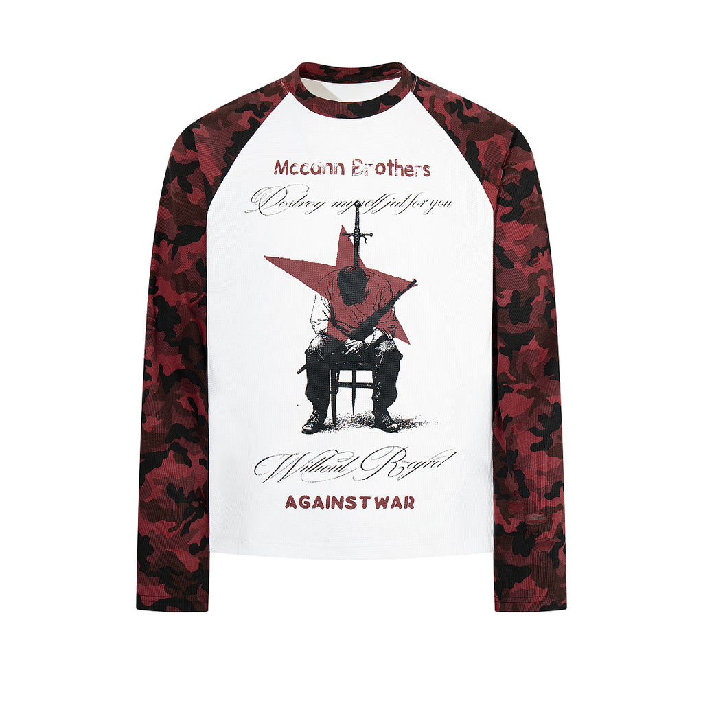 Red long-sleeve raglan T-shirt with camouflage pattern