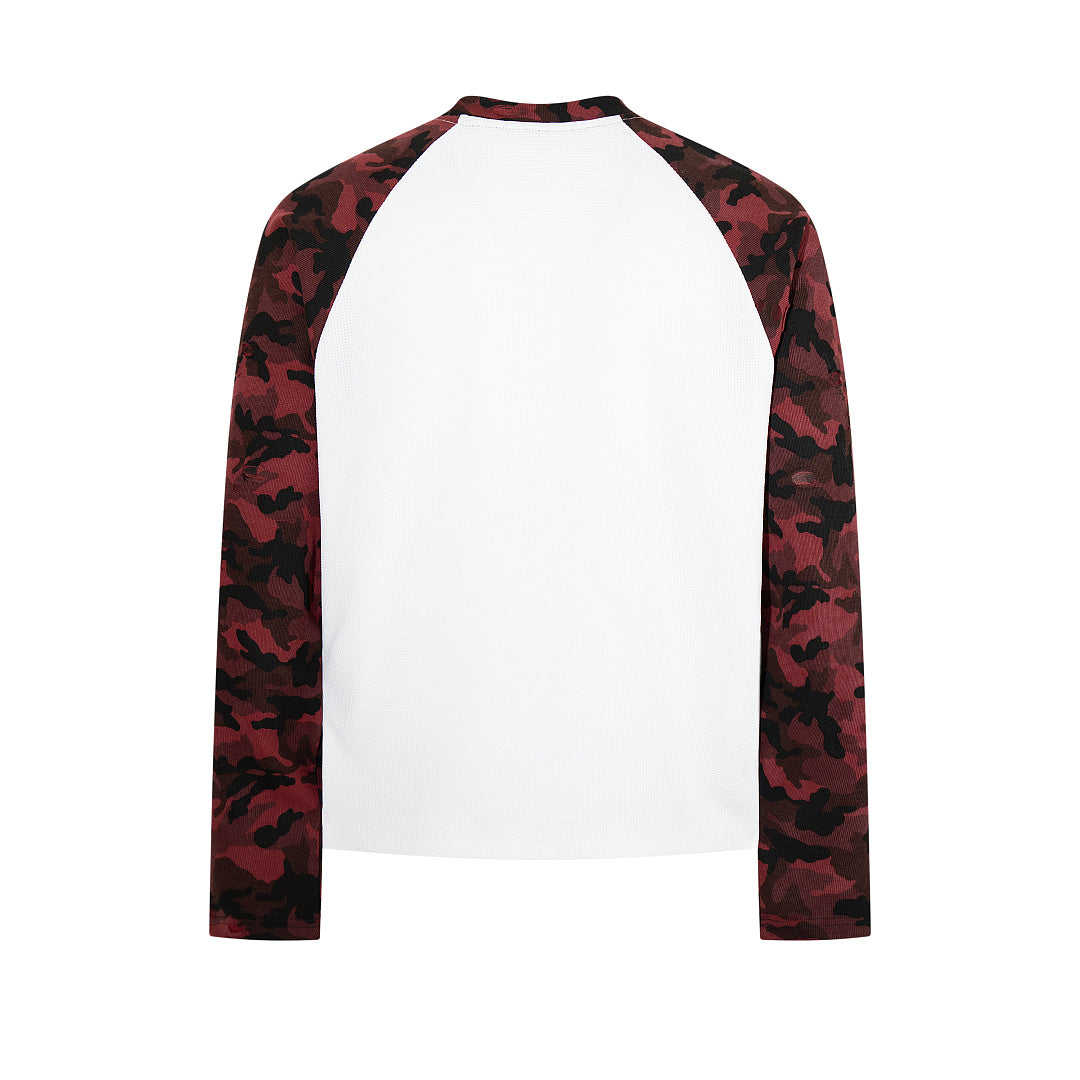 Red long-sleeve raglan T-shirt with camouflage pattern
