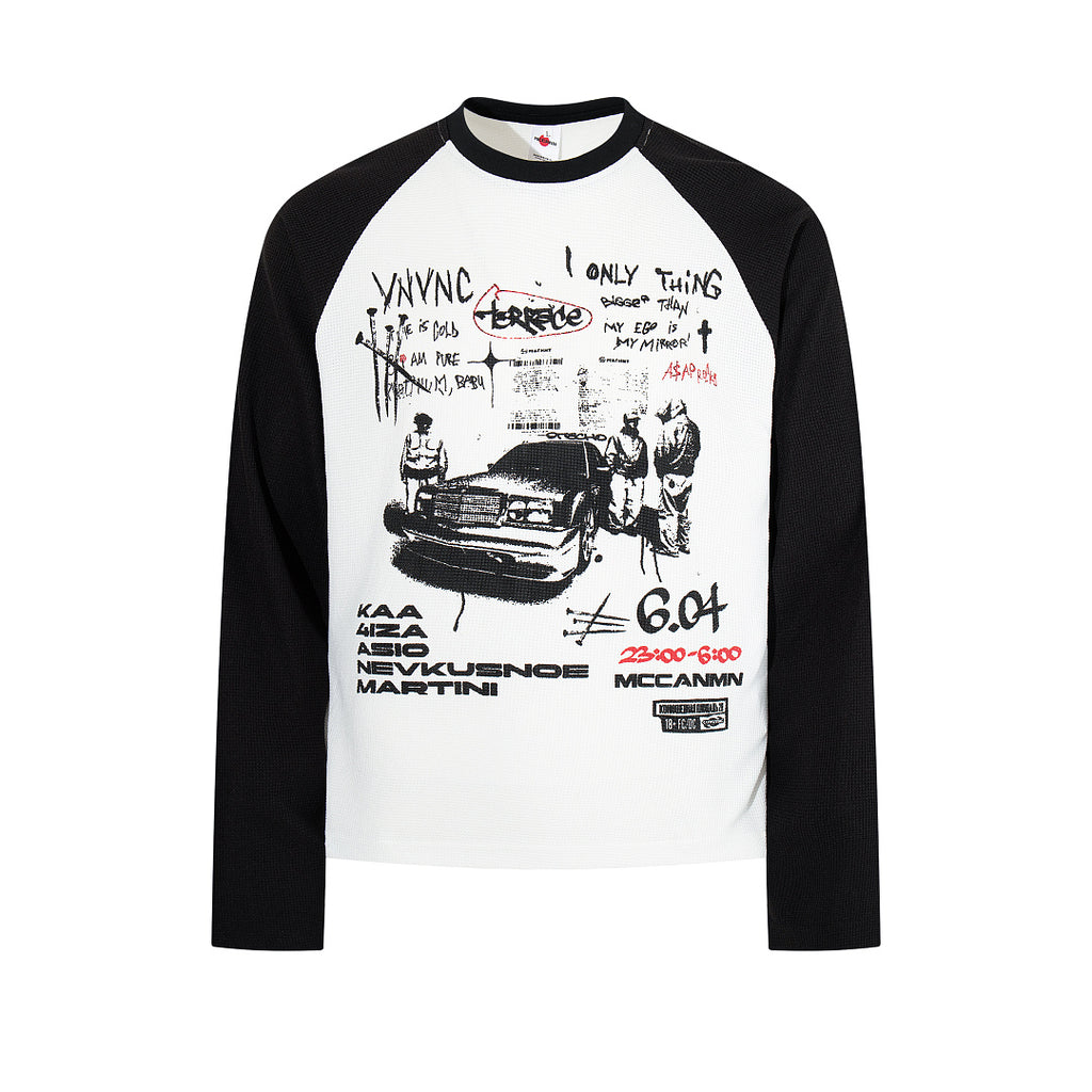 White long-sleeve waffle-knit raglan T-shirt