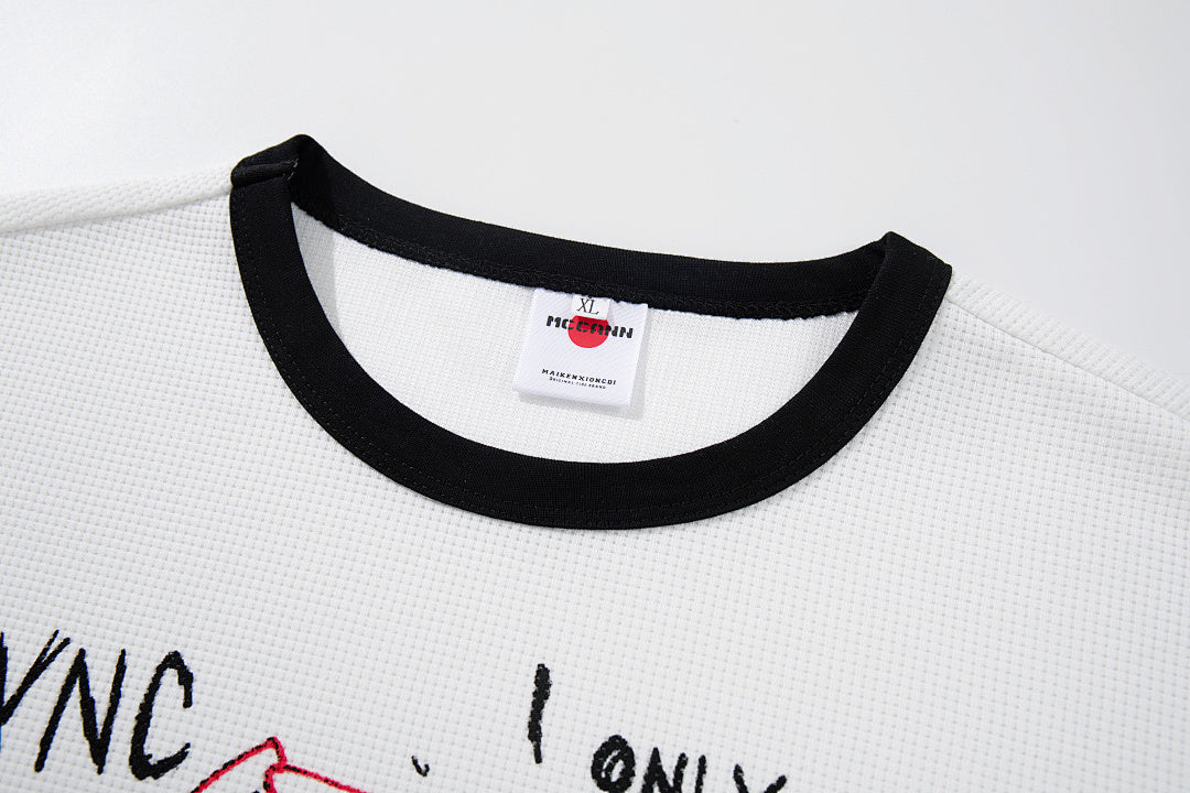 Waffle-knit short-sleeve T-shirt, white