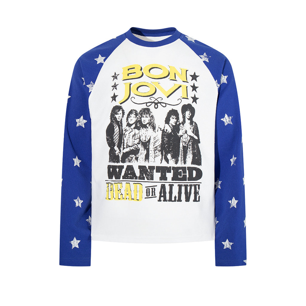 Waffle-knit raglan long-sleeve T-shirt, blue, red