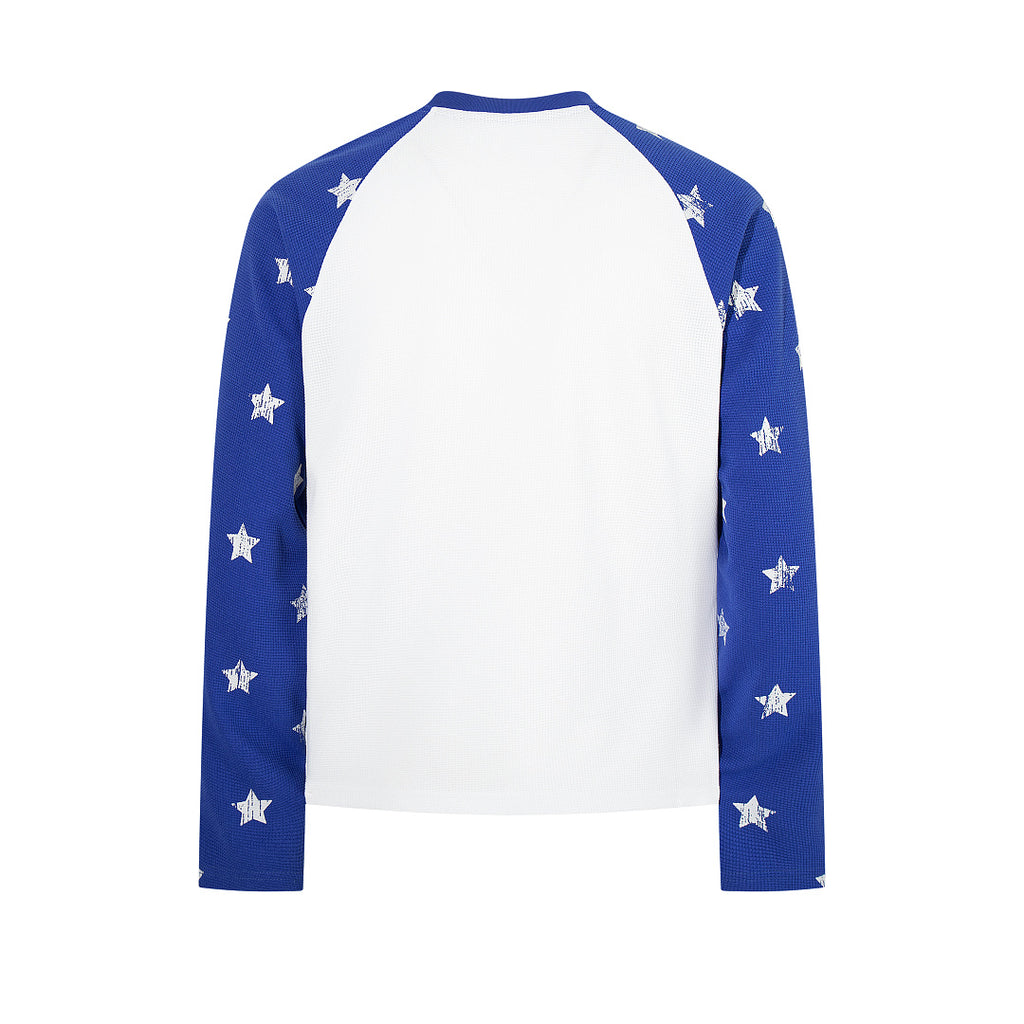 Waffle-knit raglan long-sleeve T-shirt, blue, red