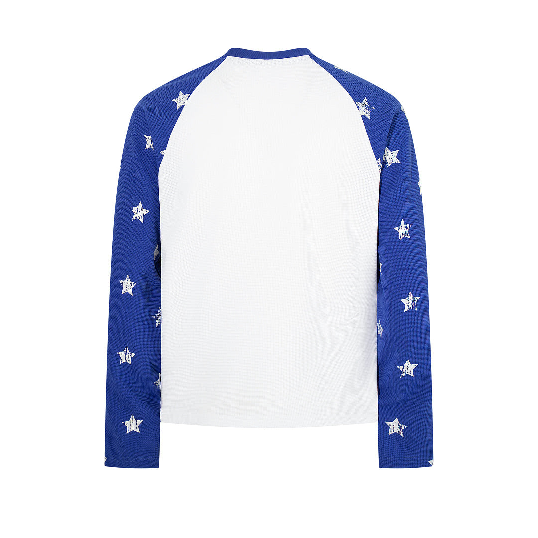 Waffle-knit raglan long-sleeve T-shirt, blue, red