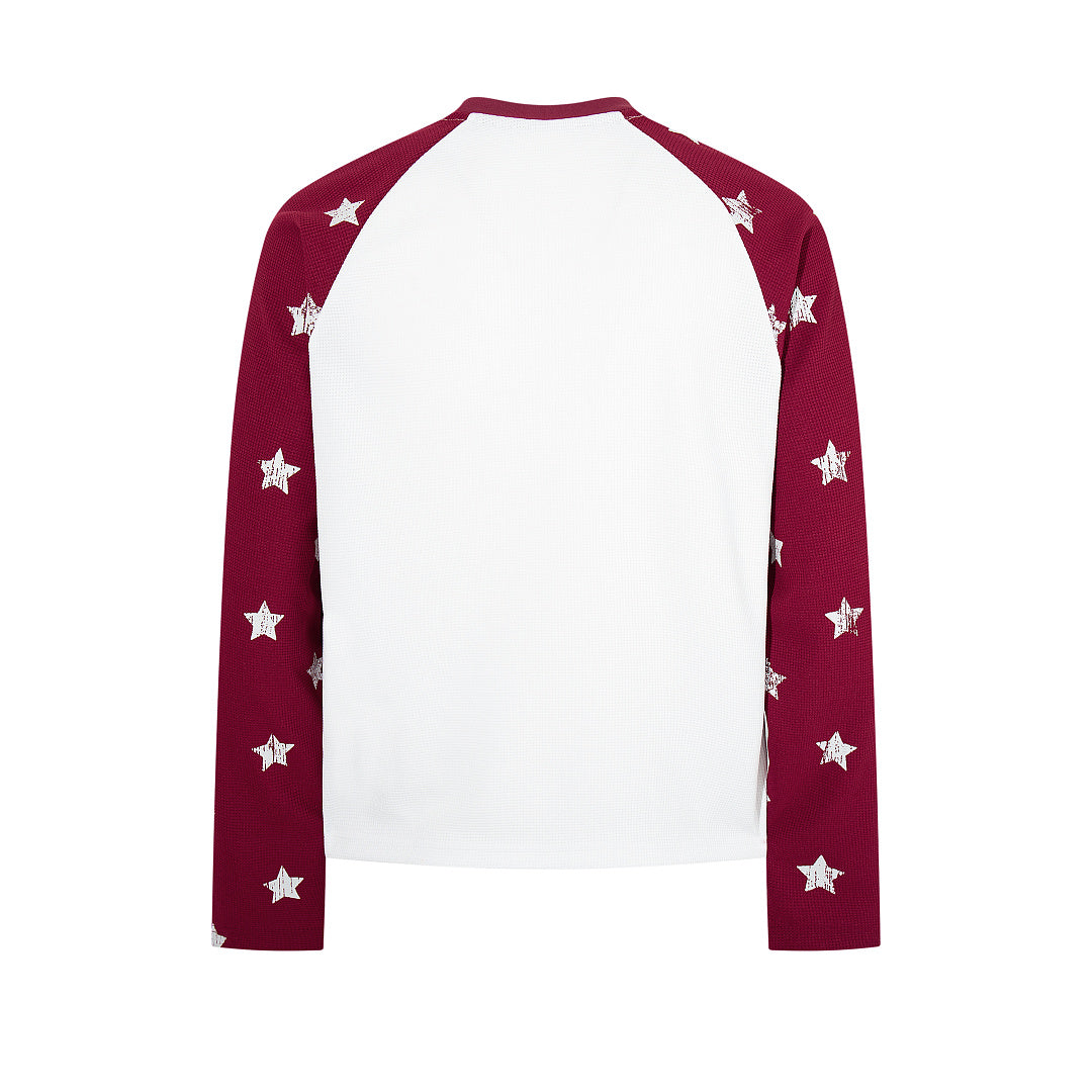 Waffle-knit raglan long-sleeve T-shirt, blue, red
