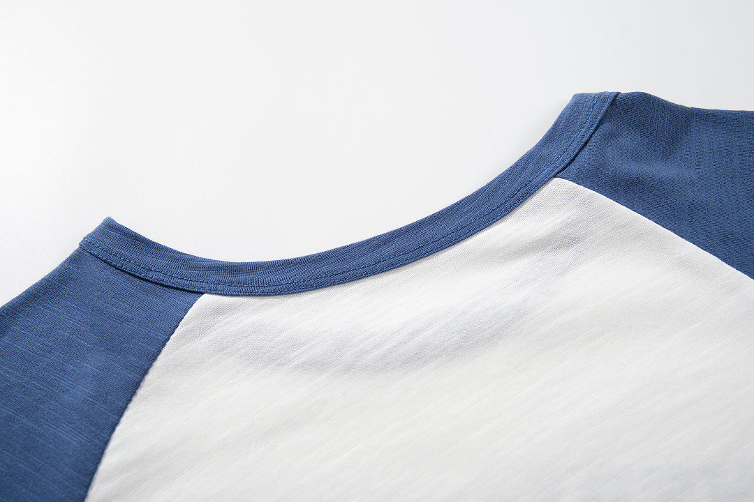 Slub Cotton Long-Sleeve Henley T-Shirt with Side Slits – Blue
