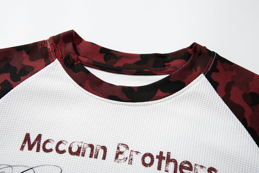 Red long-sleeve raglan T-shirt with camouflage pattern