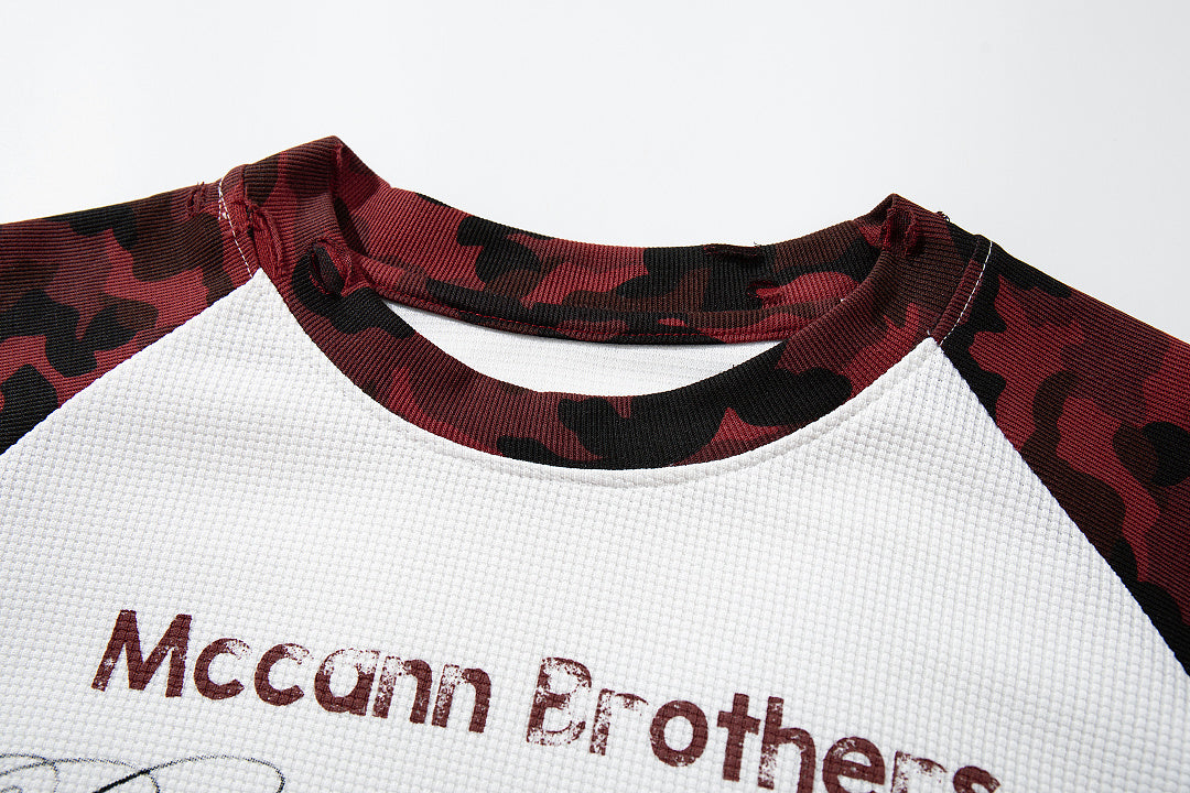 Red long-sleeve raglan T-shirt with camouflage pattern