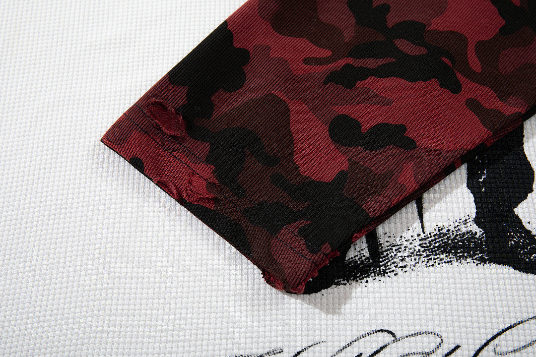 Red long-sleeve raglan T-shirt with camouflage pattern