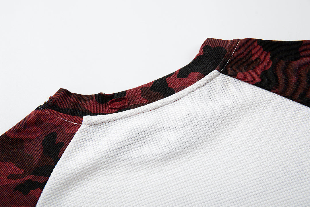 Red long-sleeve raglan T-shirt with camouflage pattern