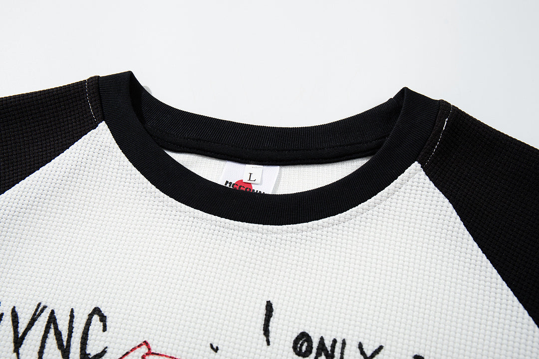 White long-sleeve waffle-knit raglan T-shirt