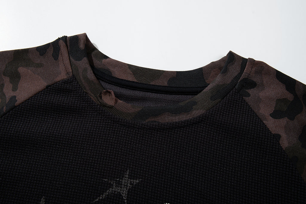 Black long-sleeve raglan T-shirt with camouflage pattern