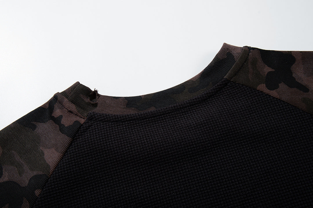 Black long-sleeve raglan T-shirt with camouflage pattern