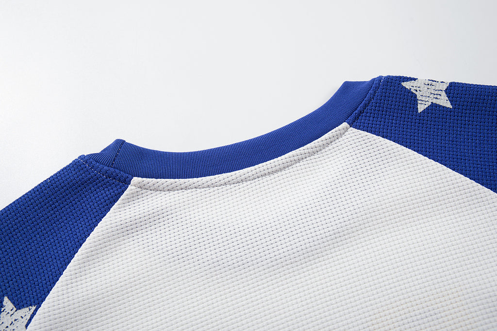 Waffle-knit raglan long-sleeve T-shirt, blue, red