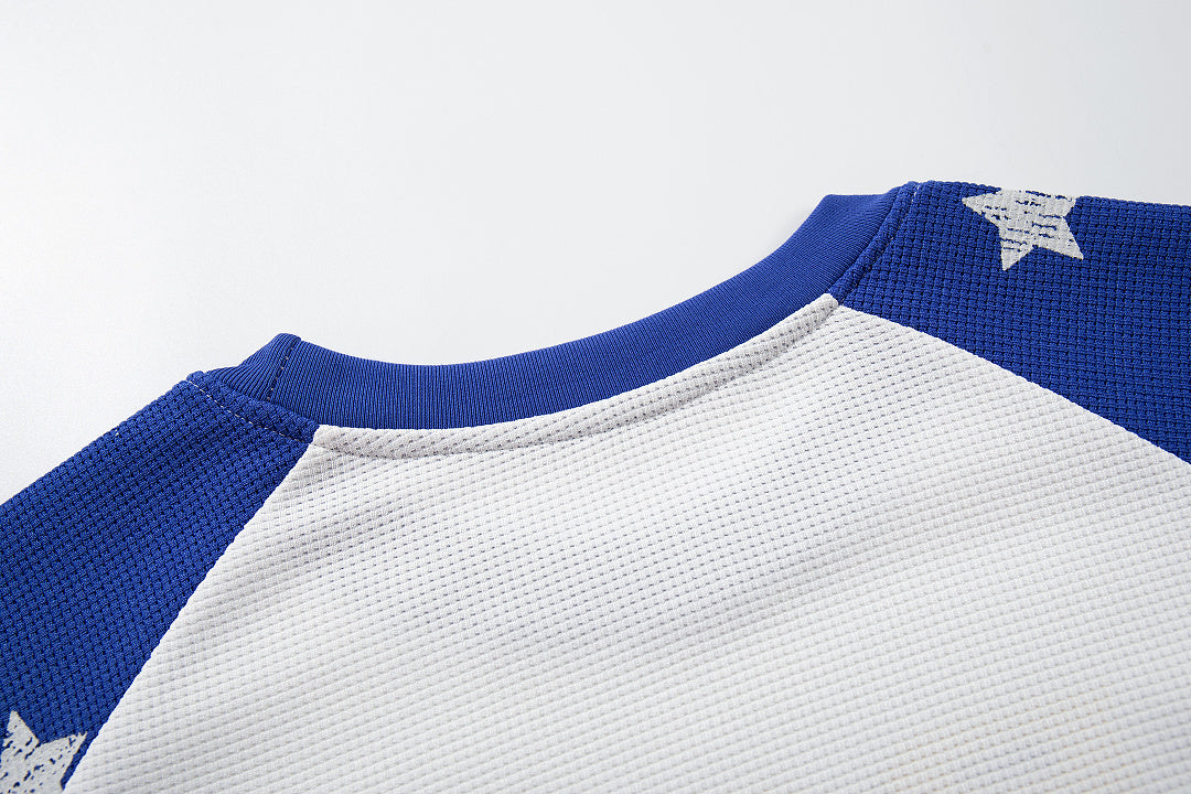 Waffle-knit raglan long-sleeve T-shirt, blue, red