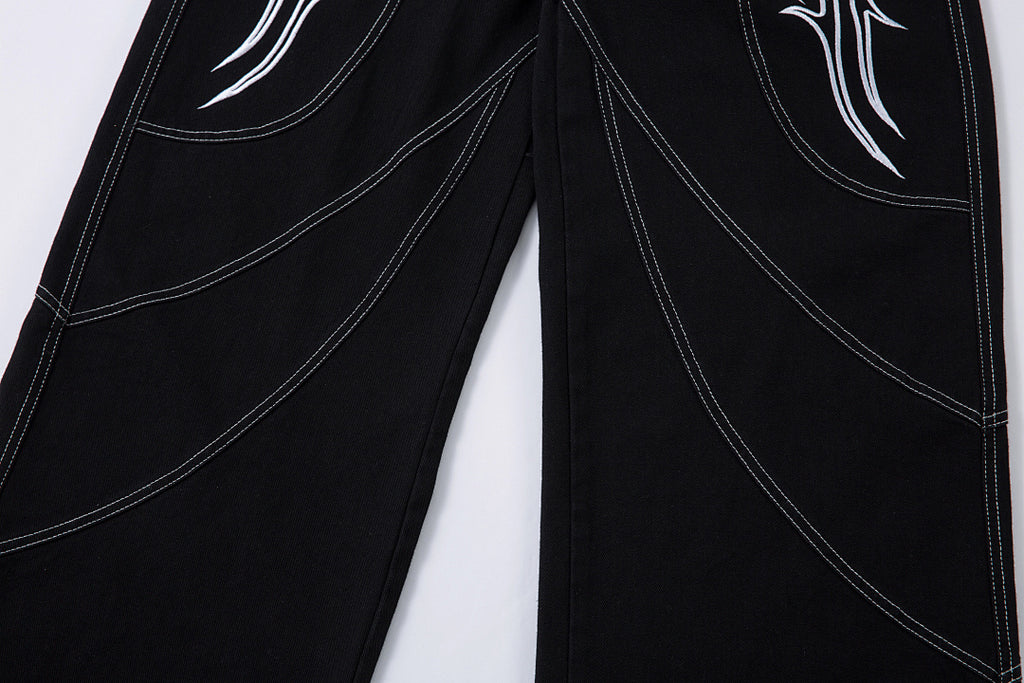 Heavy-embroidery denim trousers