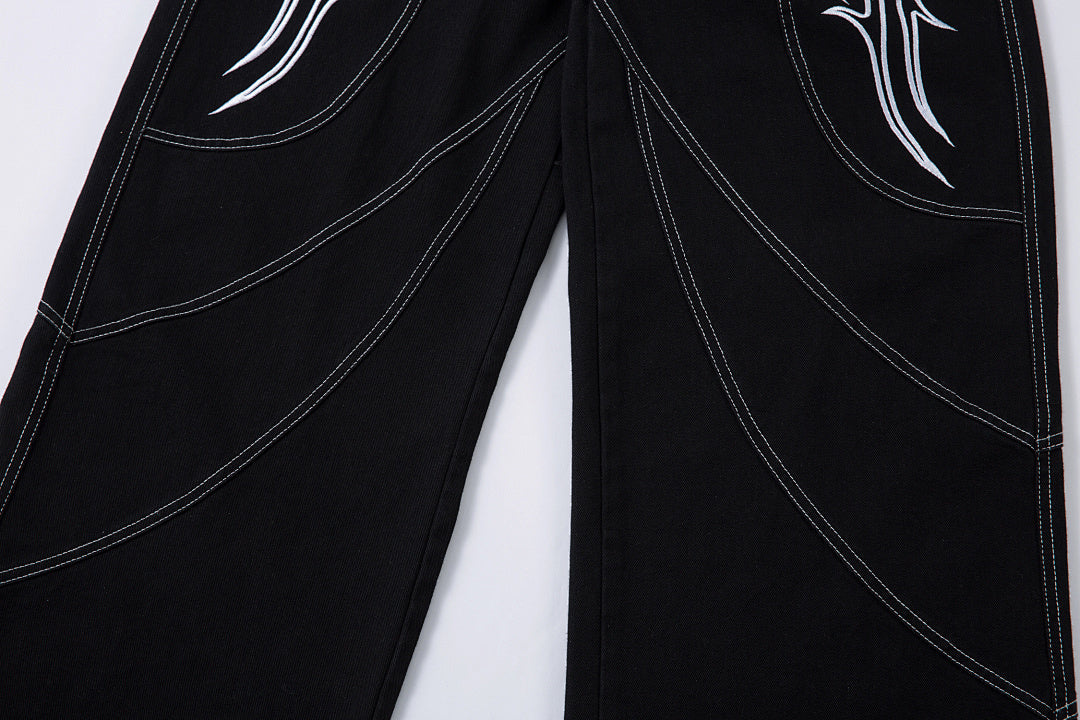 Heavy-embroidery denim trousers