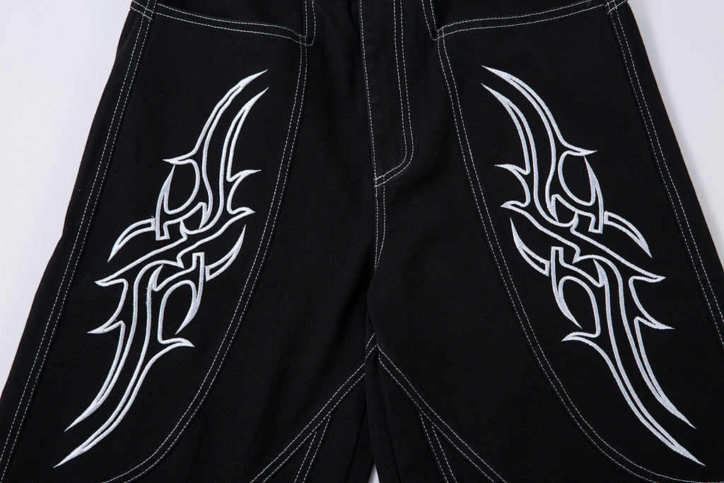 Heavy-embroidery denim trousers