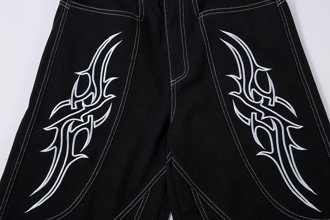 Heavy-embroidery denim trousers