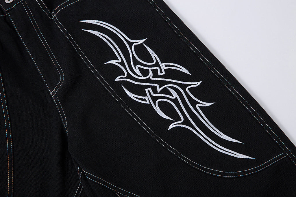 Heavy-embroidery denim trousers