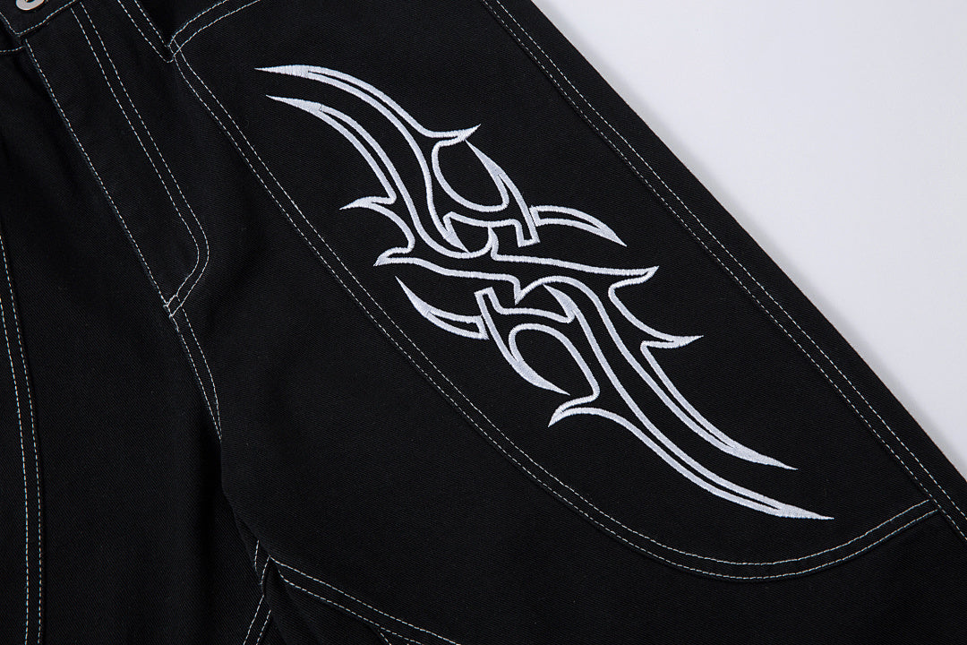 Heavy-embroidery denim trousers
