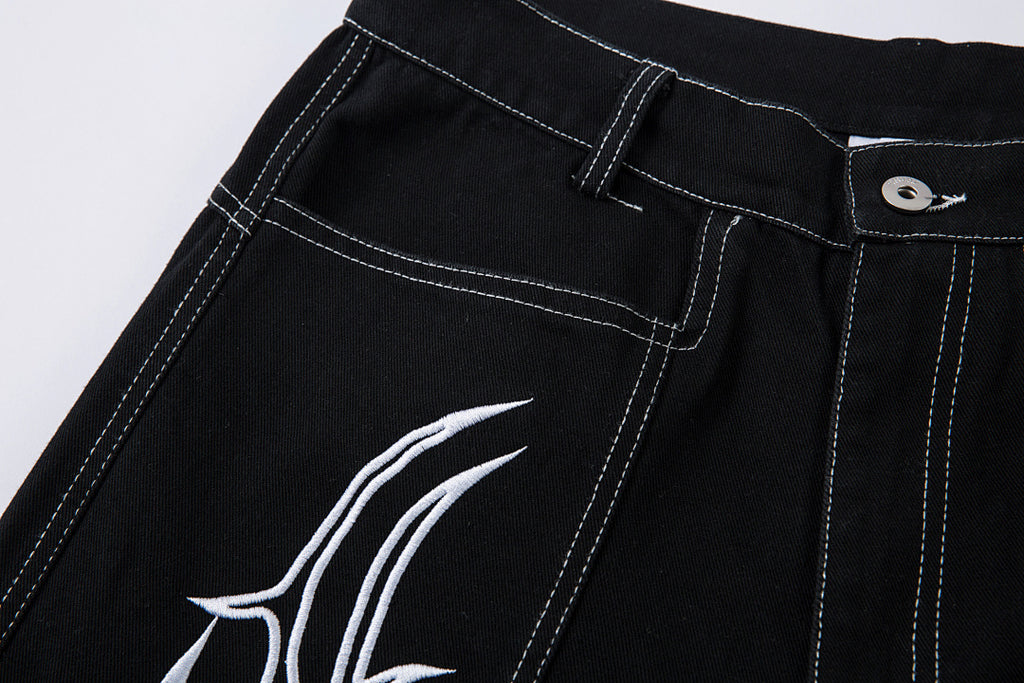 Heavy-embroidery denim trousers