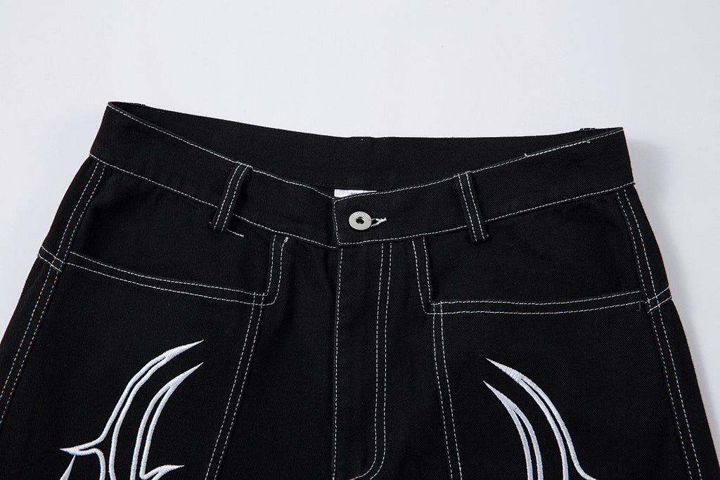 Heavy-embroidery denim trousers
