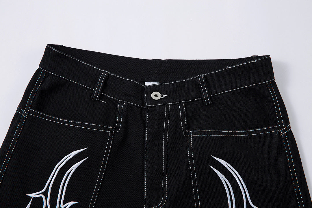 Heavy-embroidery denim trousers