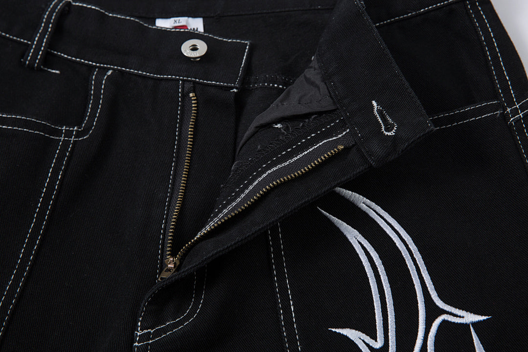 Heavy-embroidery denim trousers