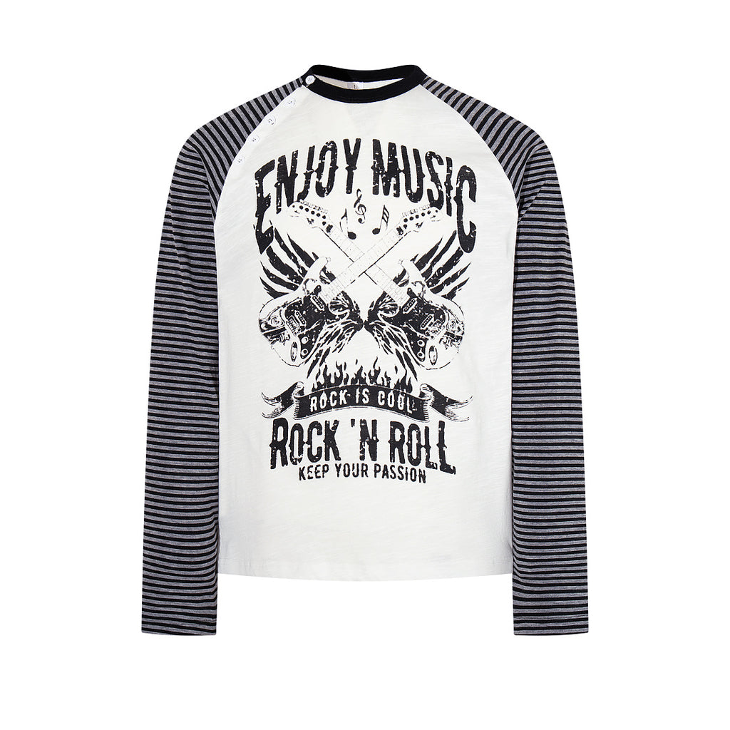 Side-slit long-sleeve Henley T-shirt — Black, White