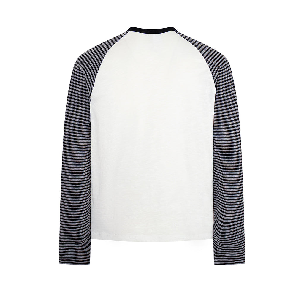 Side-slit long-sleeve Henley T-shirt — Black, White